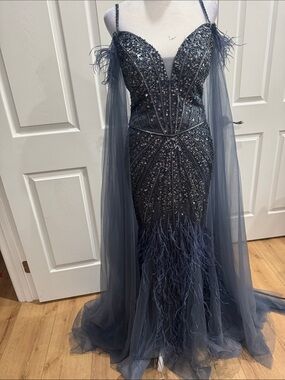 Embellished Navy Evening Gown with Feather Trim